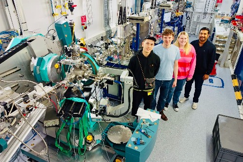 The research team (left to right) Harry Forrester, Dr James Byrne, Katie O’Neill and Dr Jagannath Biswakarma at XMaS in ESRF, Grenoble in France.